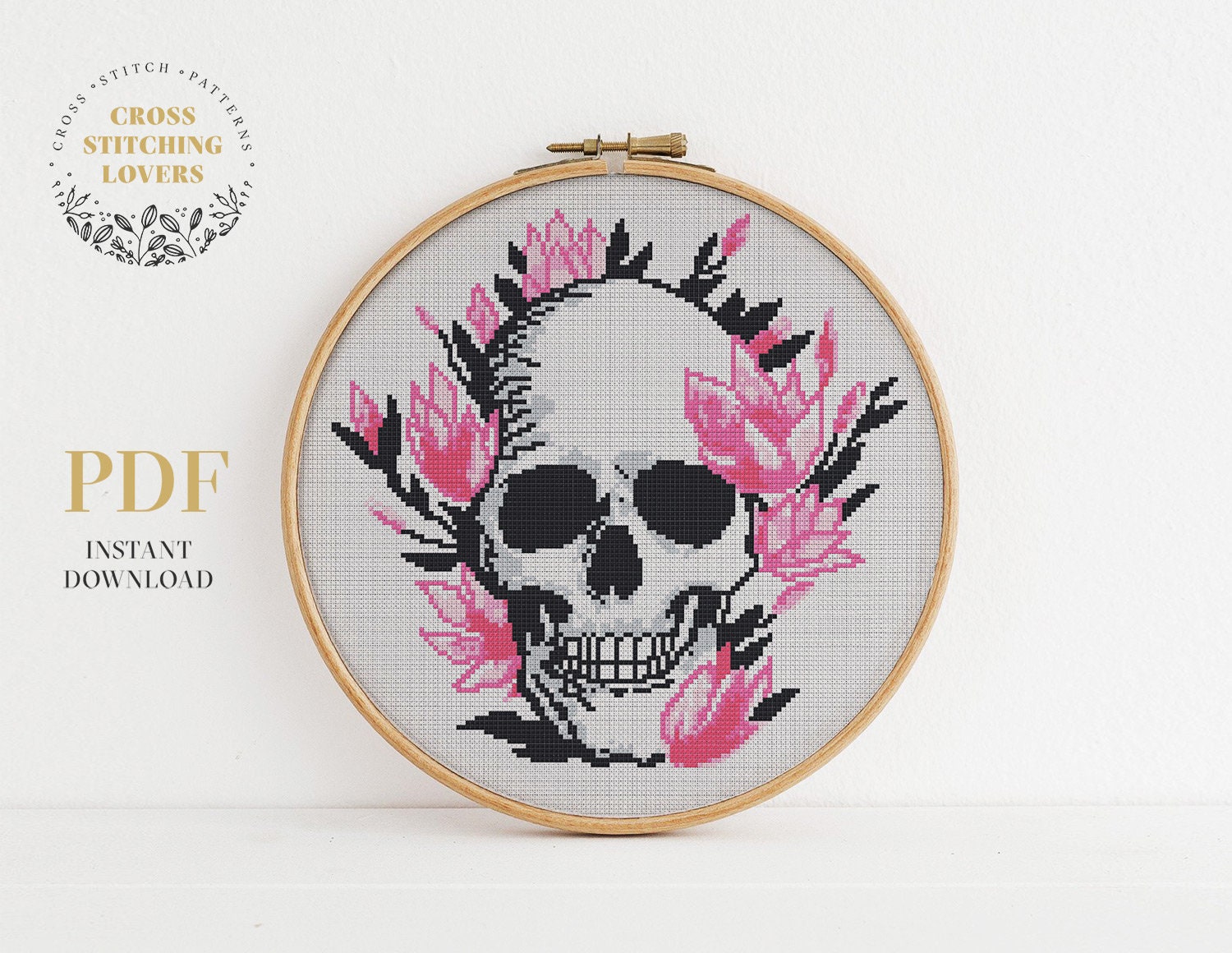 Flower Skull Cross Stitch Pattern, Gothic Theme, Easy