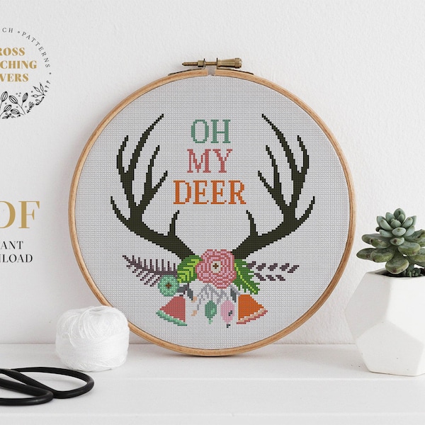 Funny Cross Stitch Pattern PDF, Cross Stitching Chart, Floral Cross Stitch , Crossstitch, Cross-Stitch, PDF Download, Oh My Deer Xstitch