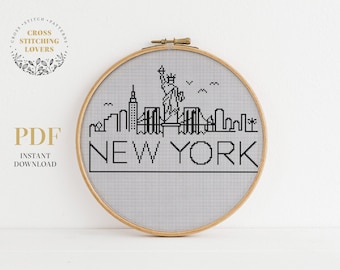 Stadssilhuett, räknat korsstygnsmönster, New York City, enkelt broderi, digitalt PDF-mönster, direkt nedladdning