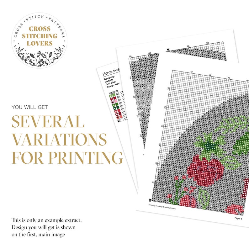May include: A cross stitch pattern featuring a red rose with green leaves on a gray background. The pattern is labeled "Home Sweet Home" and includes a legend with different colored squares representing different colors of thread. The pattern is for cross stitching lovers and includes several variations for printing.