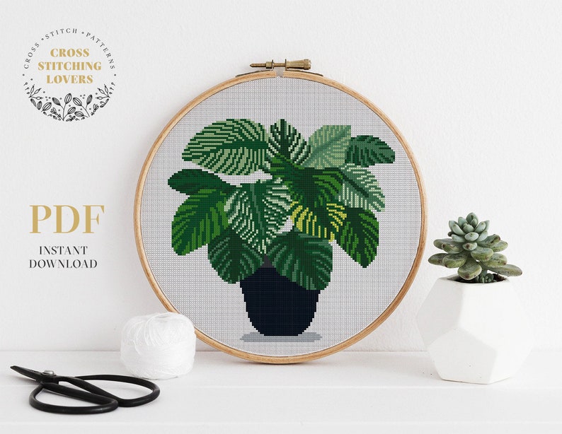 Green plant cross stitch pattern, PDF counted cross stitch chart, embroidery design, Instant download image 1