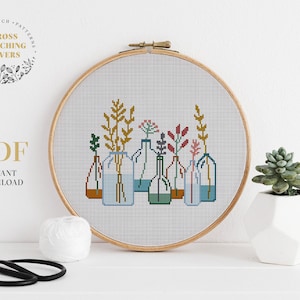Easy cross stitch pattern, Plants counted cross stitch PDF chart, modern embroidery pattern, funny gift idea