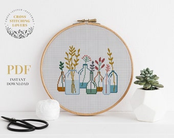 Easy cross stitch pattern, Plants counted cross stitch PDF chart, modern embroidery pattern, funny gift idea