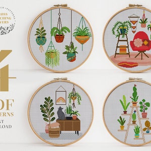 Cactus cross stitch, Home plants counted cross stitch pattern, modern embroidery design, funny gift idea, home decor, bundle set