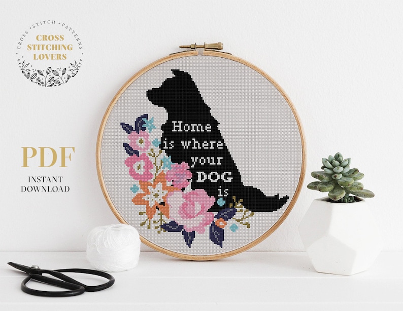 Funny Cross Stitch Pattern, Home is where your dog is, cross-stitch gift, Cute embroidery pattern, PDF instant download, home decor image 1