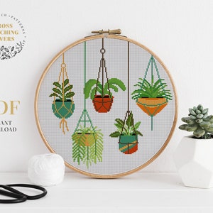 House plants cross stitch pattern, Hanging pots counted cross stitch PDF chart, modern embroidery pattern, funny gift idea