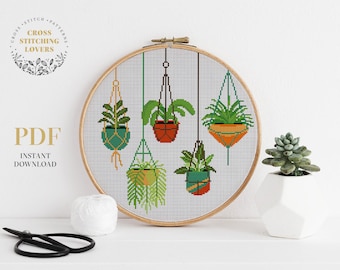 House plants cross stitch pattern, Hanging pots counted cross stitch PDF chart, modern embroidery pattern, funny gift idea