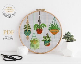 House plants cross stitch pattern, Hanging pots counted cross stitch PDF chart, modern embroidery pattern, funny gift idea