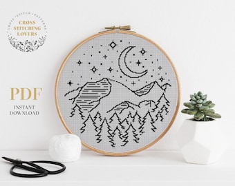 Mountain cross stitch pattern, Adventure theme counted cross stitch chart, home decor, Instant download PDF
