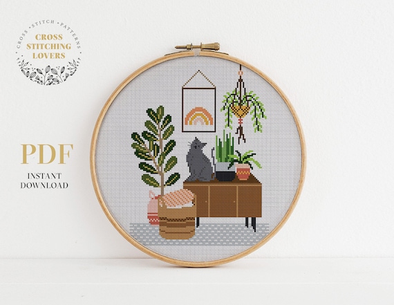Homely houseplants cross stitch pattern, Funny embroidery chart, Modern counted cross-stitch design, home decor, instant download PDF