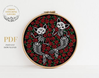 Gothic Cat cross stitch pattern, Skeleton theme counted cross stitch design, embroidery instant download PDF chart