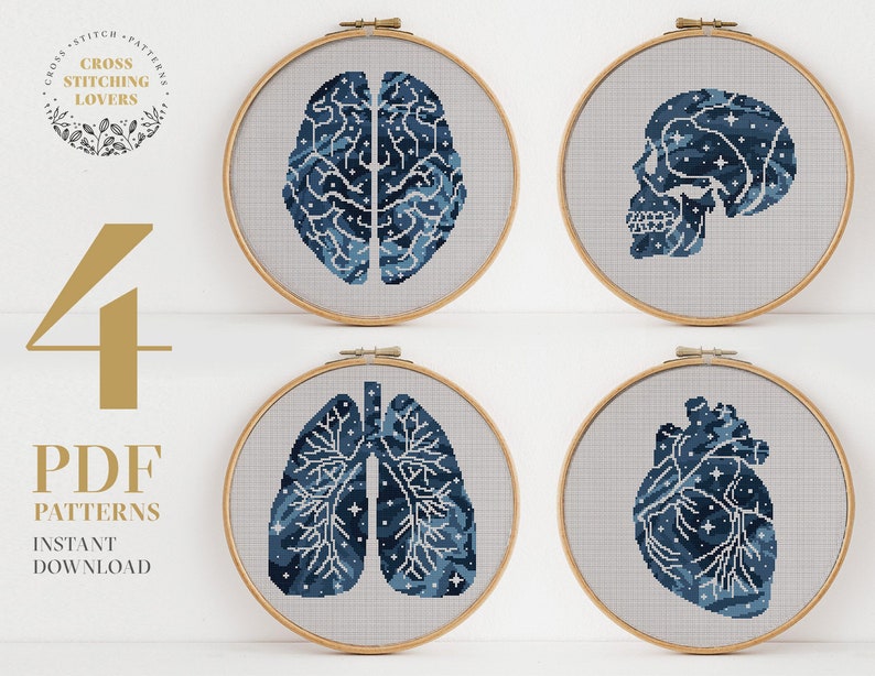 SET 4 Human anatomy cross stitch pattern, Modern counted cross stitch bundle, PDF pattern, embroidery design, instant download PDF chart image 1