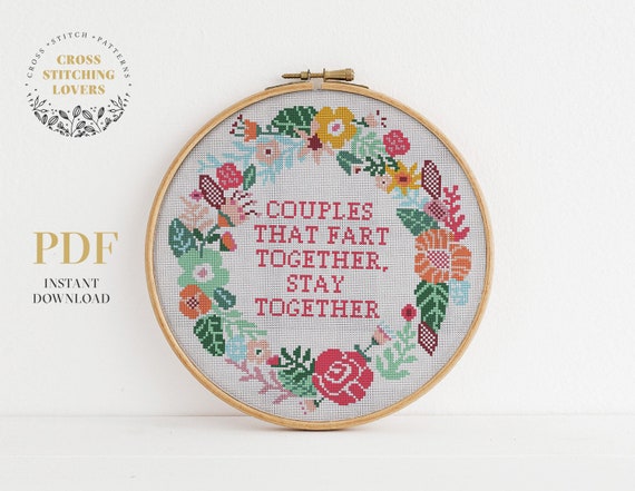 Funny cross stitch pattern, Couples that fart together stay together, modern embroidery design, instant download PDF chart, home decor