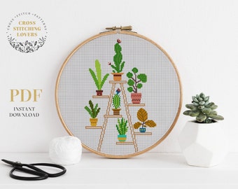 Cactus cross stitch, House plants counted cross stitch pattern, instant download PDF chart, fun embroidery project