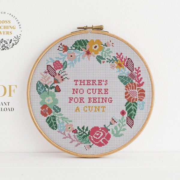 Subversive modern cross stitch pattern with flower border, Funny text embroidery pattern, instant download PDF chart, home decor