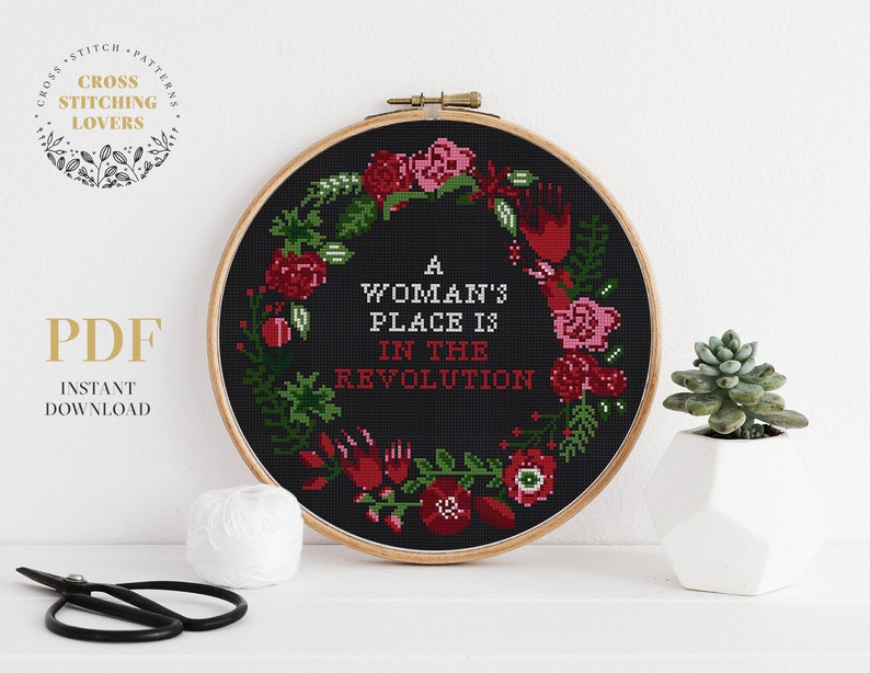 Feminist Subversive cross stitch pattern, floral wreath design, modern embroidery pattern, wall home decor, instant download PDF, hoop art image 1