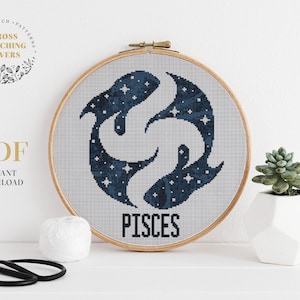 Patrón PDF de punto de cruz de Piscis, gráfico de bordado de signos del zodíaco de astrología, patrón PDF de descarga instantánea, decoración del hogar de la pared