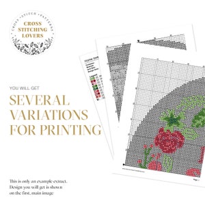 May include: A cross stitch pattern featuring a red rose with green leaves on a gray background. The pattern is labeled "Home Sweet Home" and includes a legend with different colored squares representing different colors of thread. The pattern is for cross stitching lovers and includes several variations for printing.