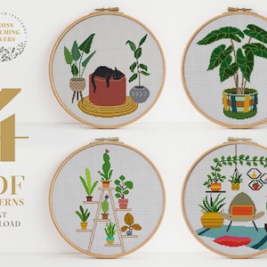 Home plants bundle cross stitch, modern counted cross stitch pattern, fun embroidery design, funny gift idea, home decor
