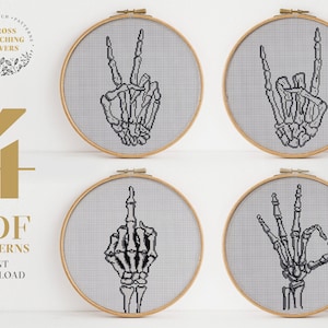 Skeleton cross stitch pattern, Hand gestures, embroidery home decor, instant download PDF chart