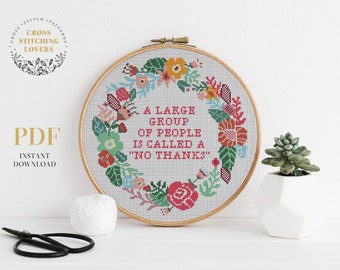 Funny modern cross stitch pattern, Sarcastic text, Ironic, Colorful flower wreath, embroidery pattern, instant download PDF chart