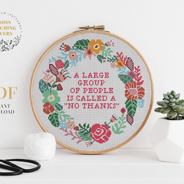 Funny modern cross stitch pattern, Sarcastic text, Ironic, Colorful flower wreath, embroidery pattern, instant download PDF chart