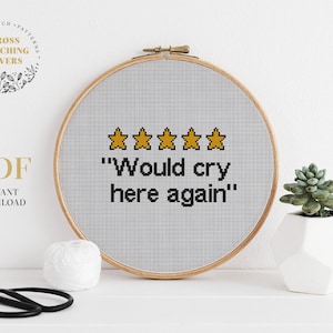 Puede incluir: Un patrón de punto de cruz con cinco estrellas doradas y el texto "Would cry here again".