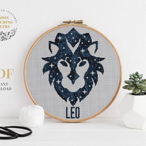 Patrón de punto de cruz de astrología, tabla de bordado del signo del zodíaco LEO, patrón PDF de descarga instantánea, decoración del hogar de la pared