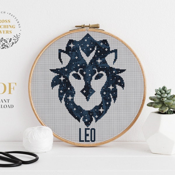 Astrology cross stitch pattern, LEO zodiac sign embroidery chart, instant download PDF pattern, wall home decoration