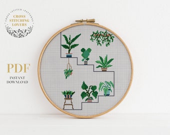 Plants cross stitch pattern, Easy counted cross stitch PDF chart, modern embroidery pattern, home decor