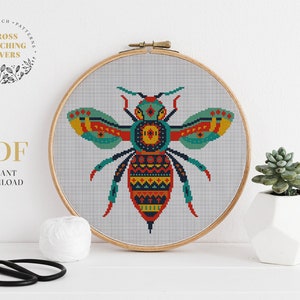 Colorful BEE cross stitch pattern, digital PDF instant download, modern embroidery design, home decor