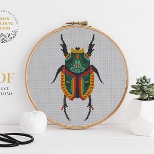 Rhinoceros cross stitch pattern, Colorful insect embroidery chart, Easy level, instant download PDF