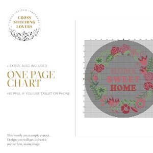 May include: A cross stitch pattern chart featuring a floral wreath with the text "Home Sweet Home" in the center. The chart is on a gray background with a grid pattern.