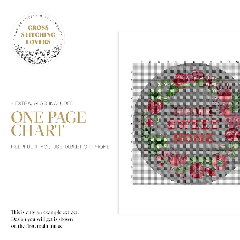 May include: A cross stitch pattern chart featuring a floral wreath with the text "Home Sweet Home" in the center. The chart is on a gray background with a grid pattern.