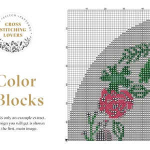 May include: A cross stitch pattern featuring a red and green floral design. The pattern is displayed on a grid with numbers along the top and side. The text "Color Blocks" is displayed below the grid.