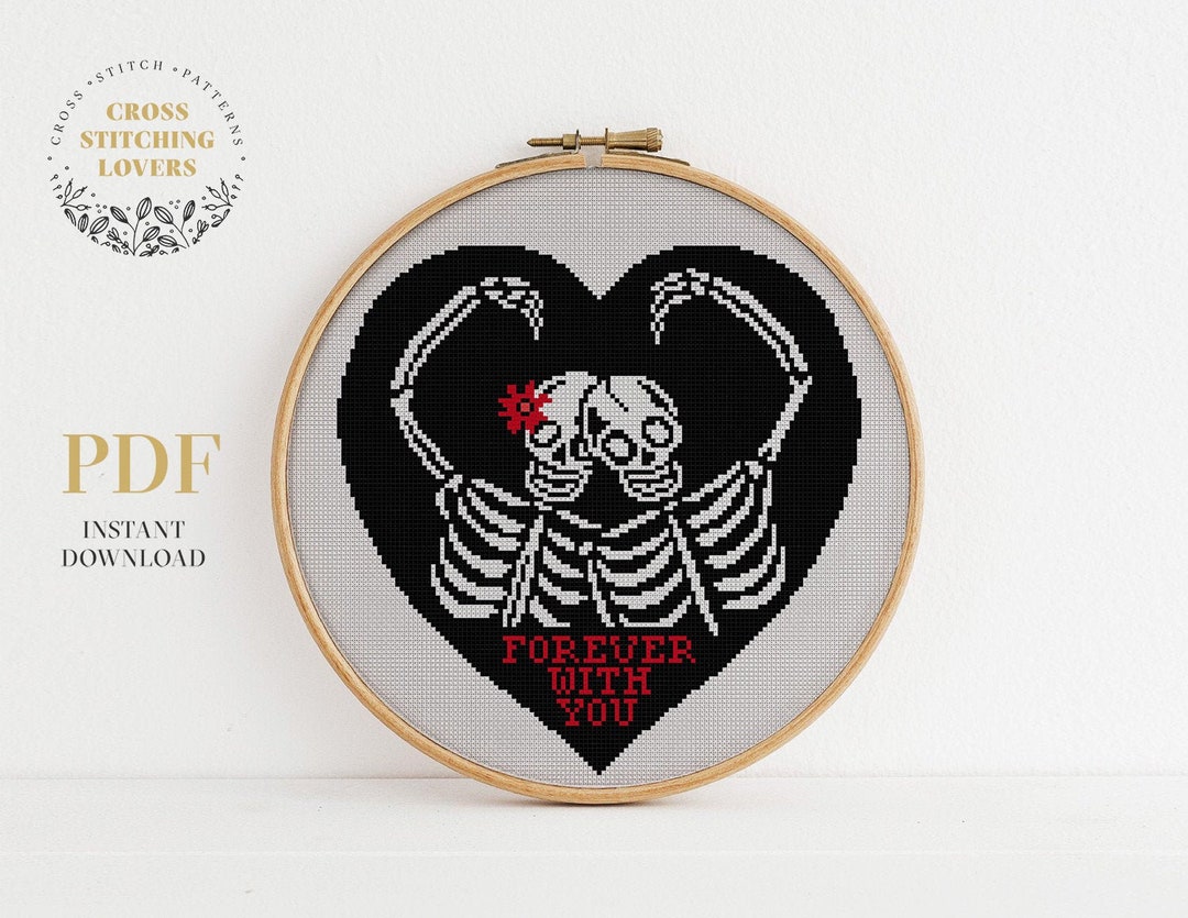 Skeleton Cross Stitch Pattern, Gothic Love Theme Counted Cross Stitch ...