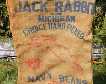 Vintage Bauernhof Sackleinen Futtersack Saatsack Jack Rabbit Navy Beans