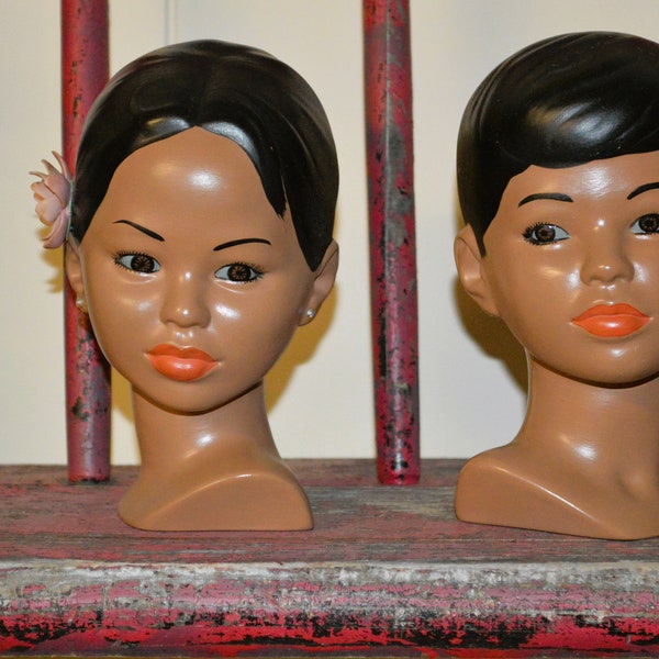 Pair Polynesian Ceramic Busts Porcelain Heads