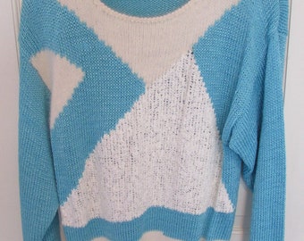 Color Block Light Blue and White Sweater - Vintage 1980s