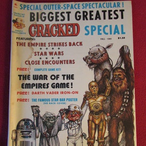 May include: A vintage Cracked magazine cover featuring a Star Wars theme. The cover features a caricature of Chewbacca, C-3PO, R2-D2, Yoda, and a character from the movie 'The Empire Strikes Back'. The cover text reads "Biggest Greatest Cracked Special" and "The Empire Strikes Back, Star Wars, Close Encounters".