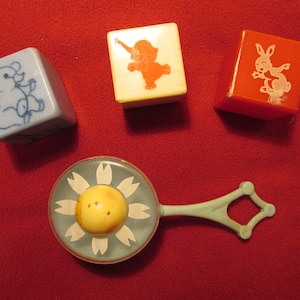 Vintage Baby rattle and 3 rattle blocks