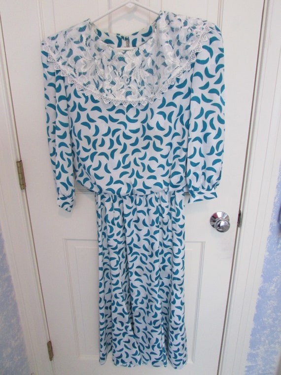 White and Teal Dress - Vintage 1980s