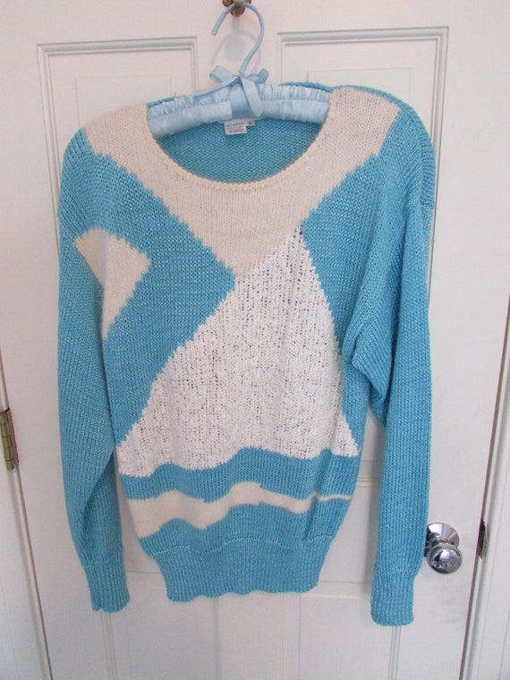 Color Block Light Blue and White Sweater - Vintag… - image 1