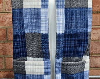 Fleece Scarf with Pockets and Hidden Zippered Pocket, Blue and Gray Sketched Plaid