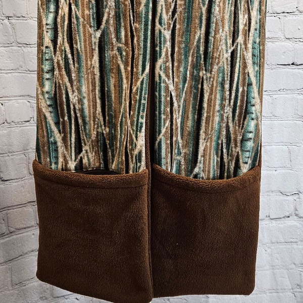 Fleece Scarf with Pockets and Hidden Zippered Pocket, Forest Print and Chocolate Brown