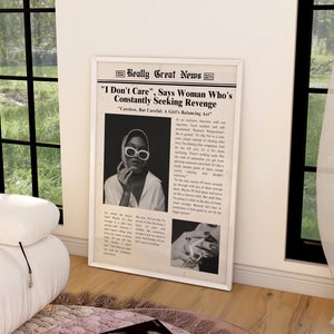 Verslag vrouw houdt alleen van therapie" Trendy kranten print, kunst aan de muur, vintage kunst aan de muur, Times News, preppy decor, slaapzaal decor, bar kar kunst aan de muur