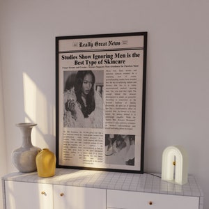 Trendy Newspapers Print, "Ignoring Men.. Best.. Skincare" Wall Art, Vintage Wall Art, Times News, Preppy Decor,Dorm decor,Bar Cart Wall Art