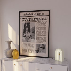 Trendy Newspapers Print, "Girl Claims To Be Dream Girl" Wall Art, Vintage Wall Art, Times News, Preppy Decor,Dorm decor,Bar Cart Wall Art
