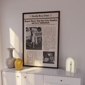 Trendy Newspapers Print, &quot;Report Shows Hot Girls Manifest&quot; Wall Art, Vintage Wall Art, Times News, Preppy Decor,Dorm decor,Bar Cart Wall Art
