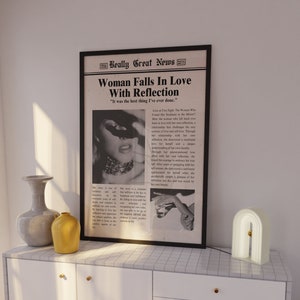 Trendy Newspapers Print, "Falls In Love with Reflection" Wall Art, Vintage Wall Art, Times News, Preppy Decor,Dorm decor,Bar Cart Wall Art